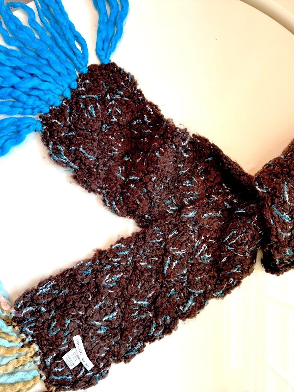 Chunky Brown & Turquoise Knit Scarf with Braided Tassels 7ft including fringe